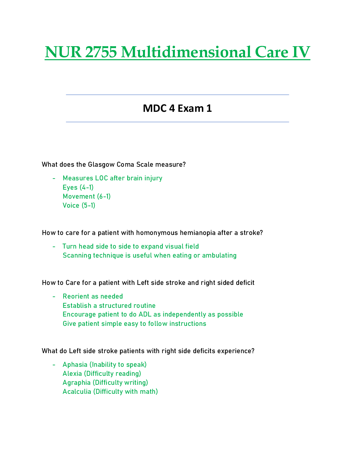 NUR2755 / NUR 2755 Exam 1 Updated: Multidimensional Care IV / MDC 4 - Rasmussen